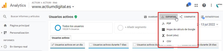 Formatos exportación Google Analytics